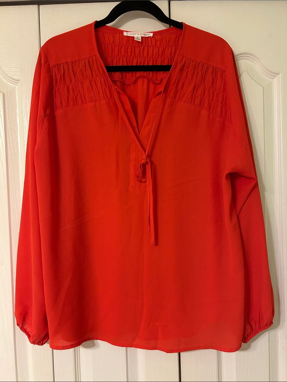Violet & Claire Red Long-Sleeve V-Neck Blouse with Tie